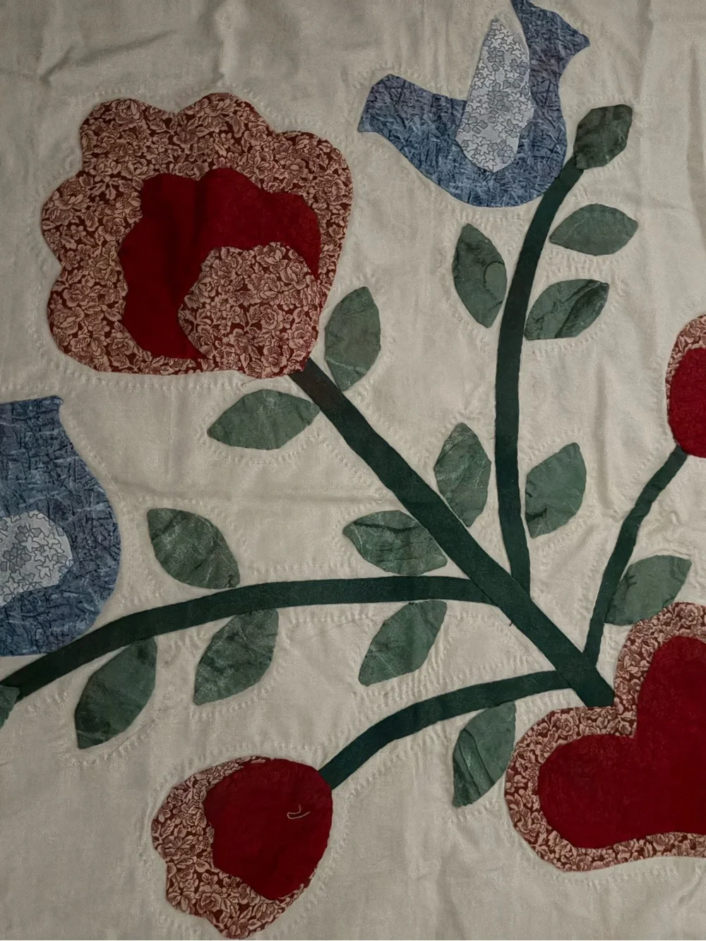 Handmade Cream Floral Appliqué Quilt with Red and Blue Accents